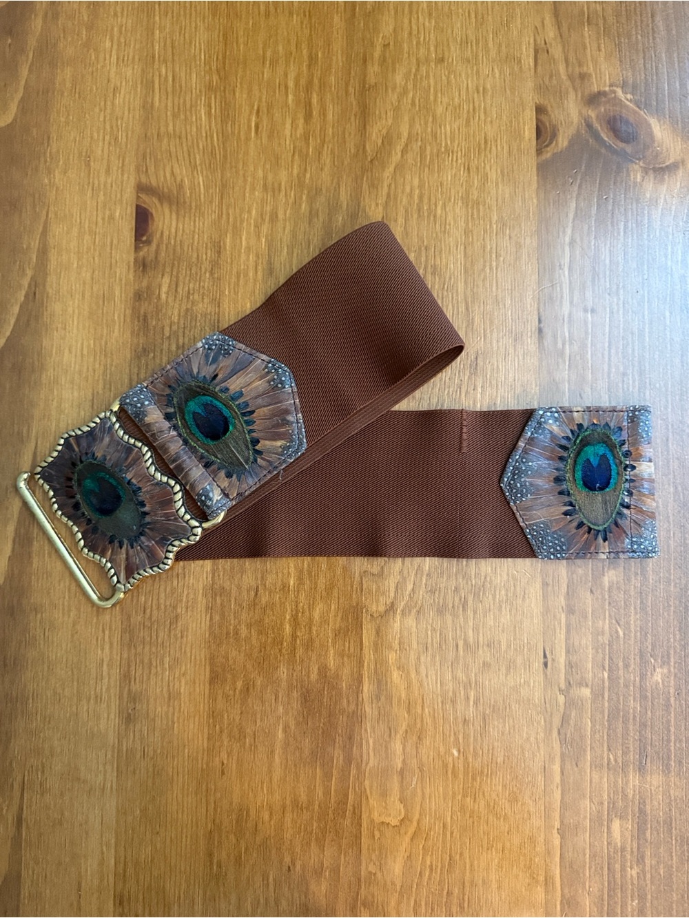 Boho Peacock Feather Wide Elastic Waist Belt Brown